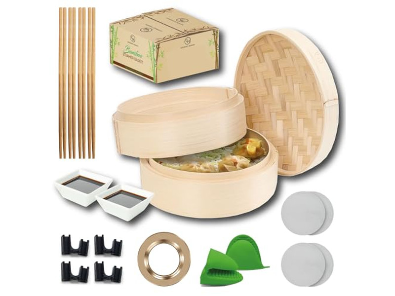 سلة بخار الخيزران لطهي 6 خبز مومو والخضروات