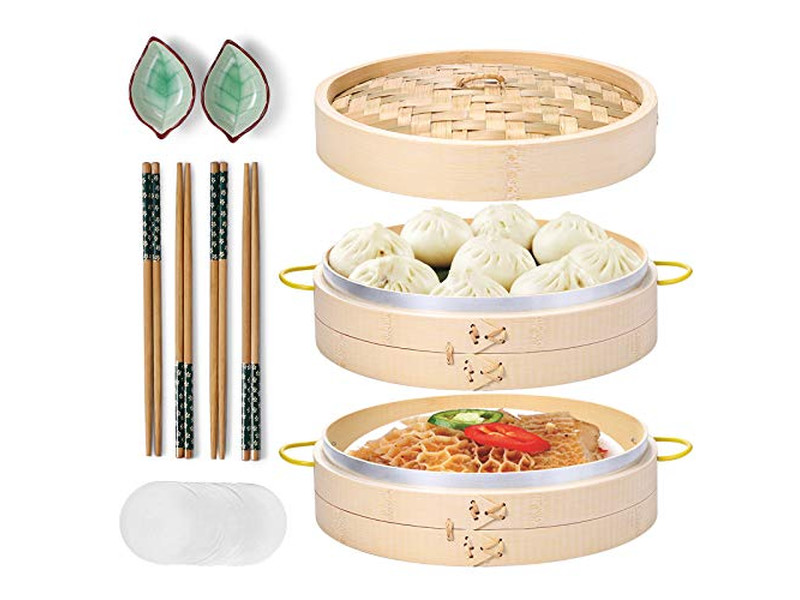 سلة بخار الخيزران بثلاث طبقات للمطبخ