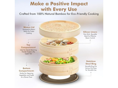 سلة بخار الخيزران لطهي 6 خبز مومو والخضروات