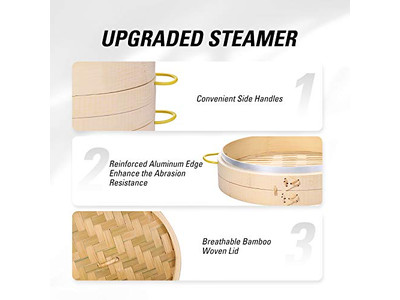 سلة بخار الخيزران بثلاث طبقات للمطبخ